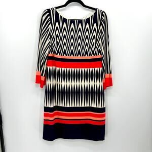 Eliza J Geometric Print 3/4 length sleeve dress - Navy/White/Coral - 12